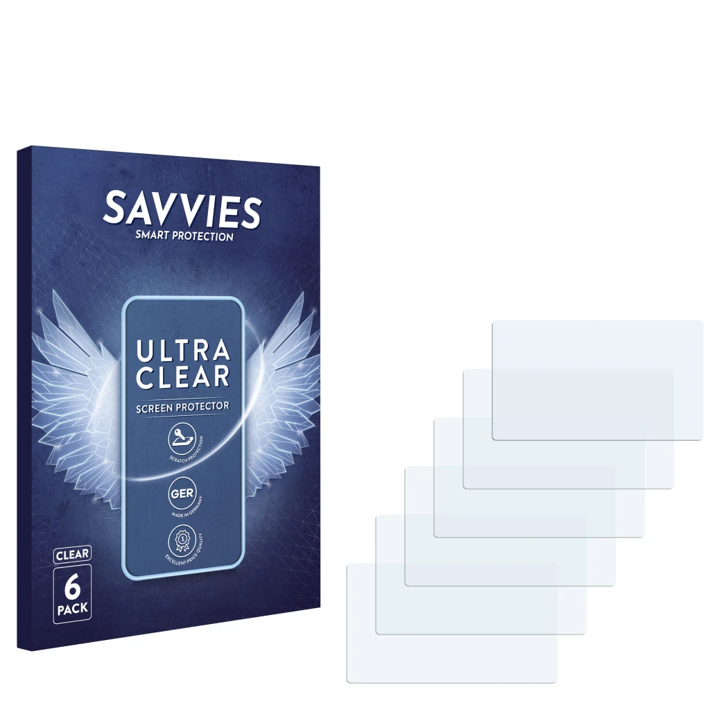 Parte frontale di una confezione del prodotto con il logo del marchio Savvies. Accanto si trova la protezione per lo schermo c