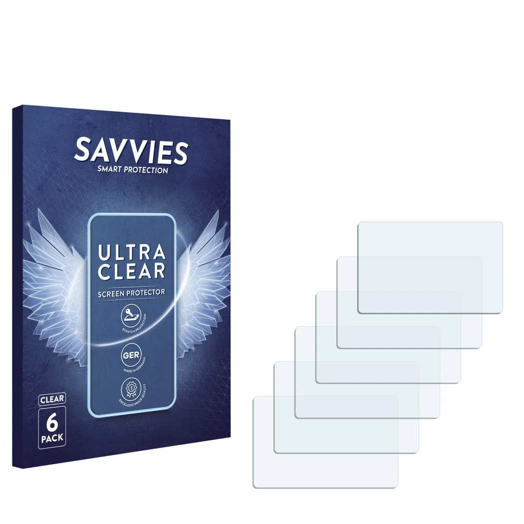 Parte frontale di una confezione del prodotto con il logo del marchio Savvies. Accanto si trova la protezione per lo schermo c