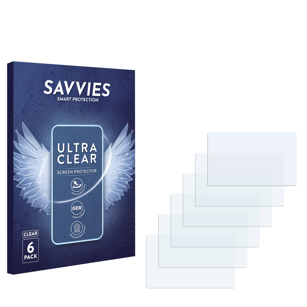 Parte frontale di una confezione del prodotto con il logo del marchio Savvies. Accanto si trova la protezione per lo schermo c