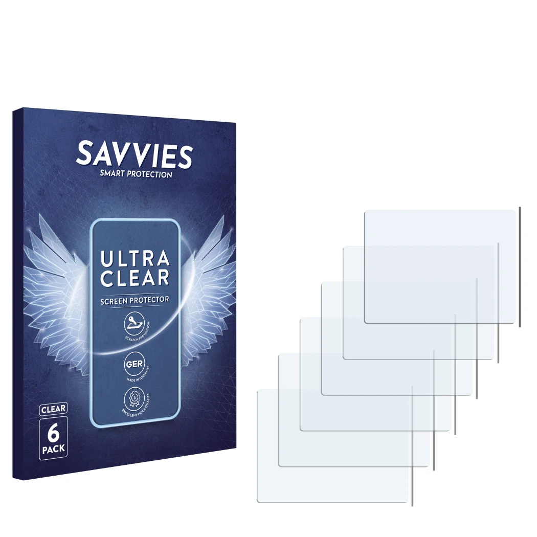 Parte frontale di una confezione del prodotto con il logo del marchio Savvies. Accanto si trova la protezione per lo schermo c