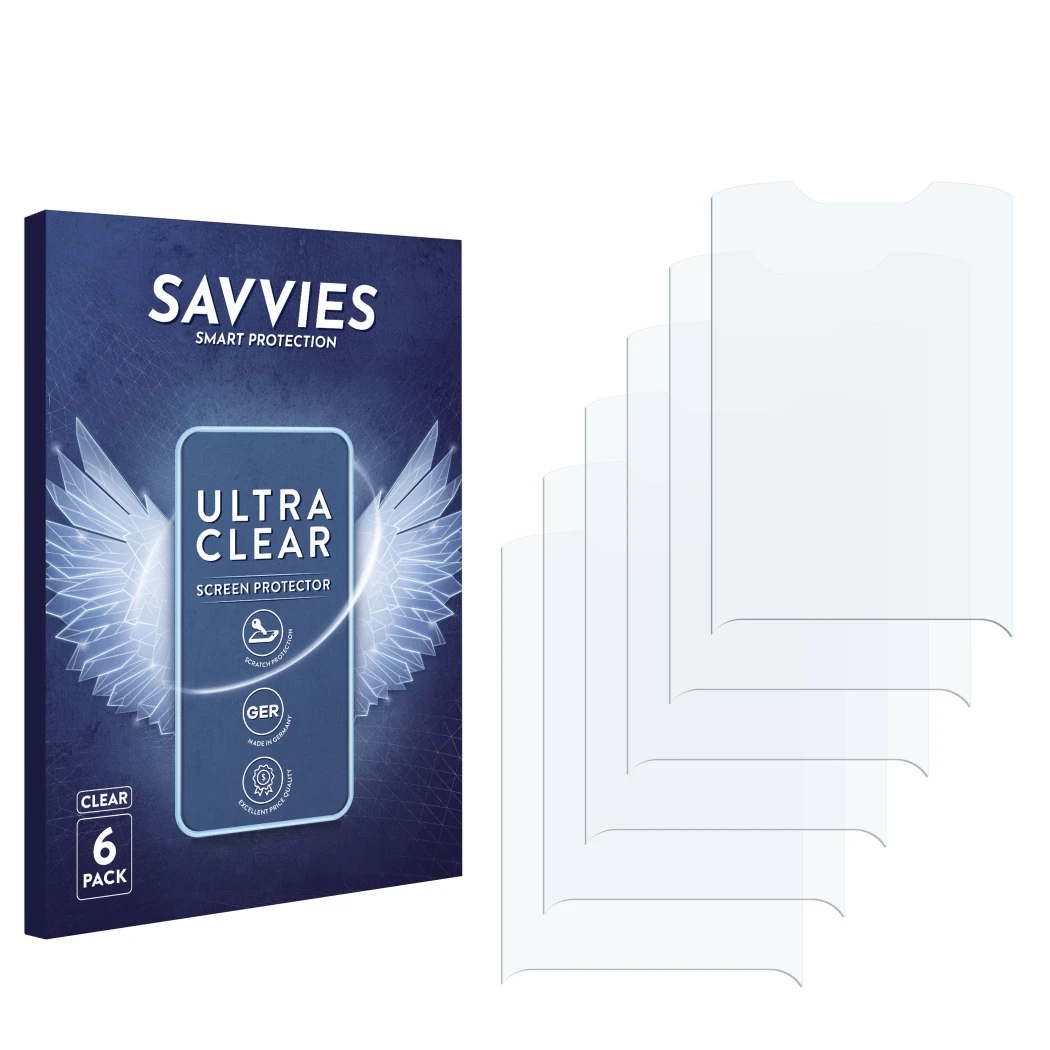 Parte frontale di una confezione del prodotto con il logo del marchio Savvies. Accanto si trova la protezione per lo schermo c