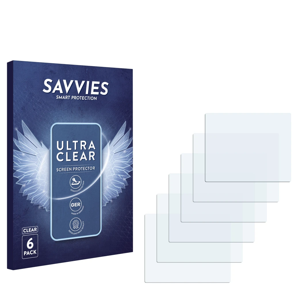 Parte frontale di una confezione del prodotto con il logo del marchio Savvies. Accanto si trova la protezione per lo schermo c
