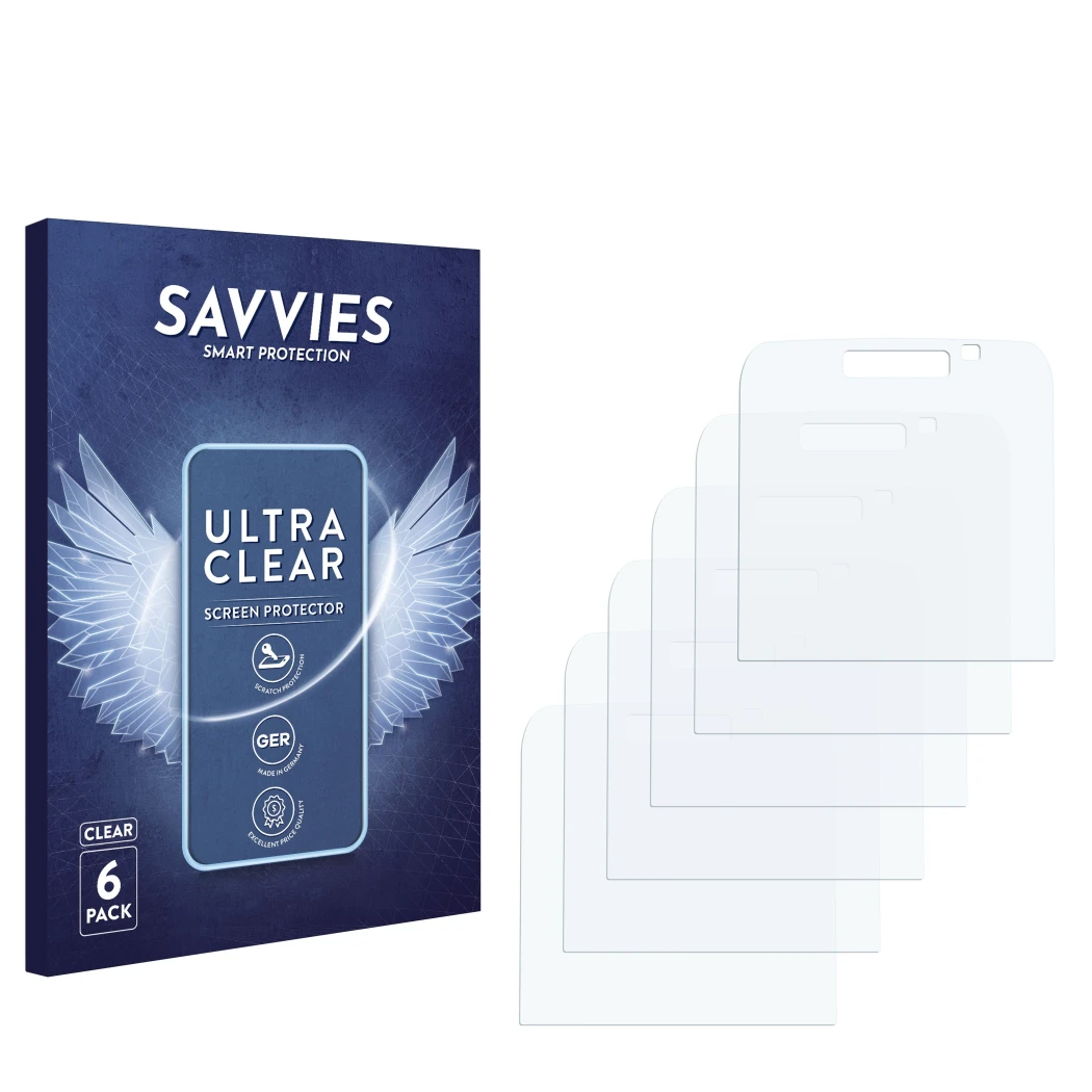 Parte frontale di una confezione del prodotto con il logo del marchio Savvies. Accanto si trova la protezione per lo schermo c