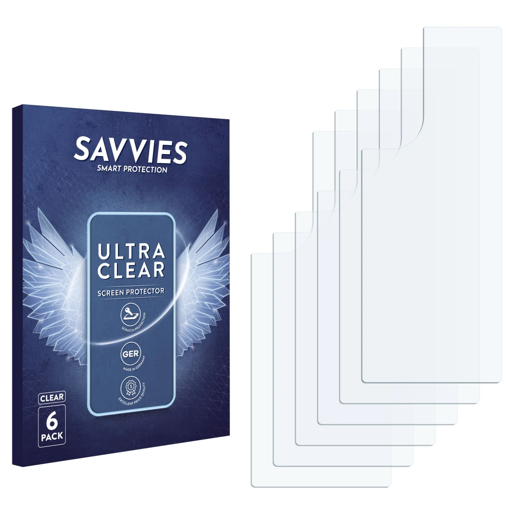 Parte frontale di una confezione del prodotto con il logo del marchio Savvies. Accanto si trova la protezione per lo schermo c