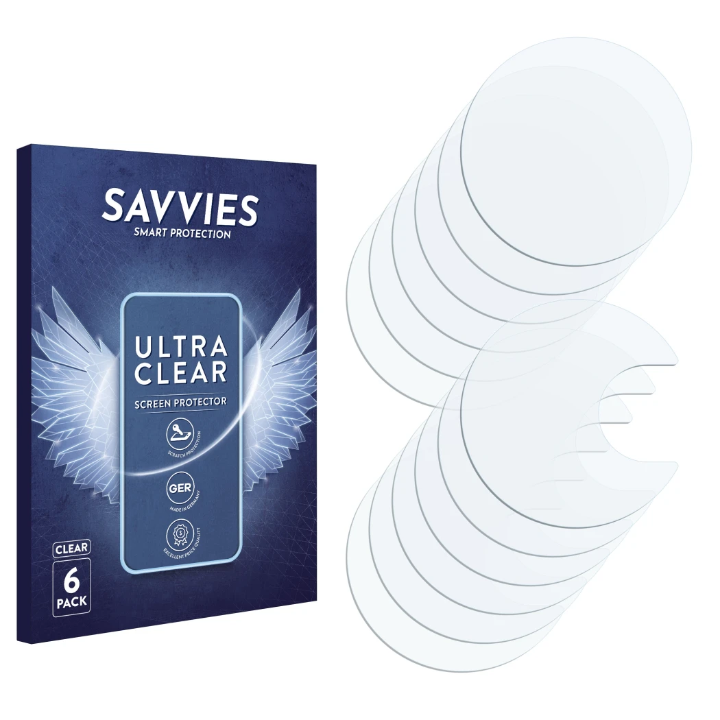 Parte frontale di una confezione del prodotto con il logo del marchio Savvies. Accanto si trova la protezione per lo schermo c