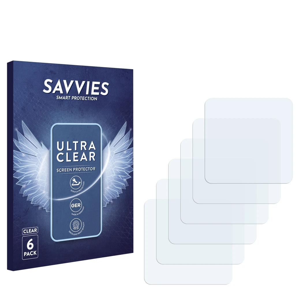Parte frontale di una confezione del prodotto con il logo del marchio Savvies. Accanto si trova la protezione per lo schermo c
