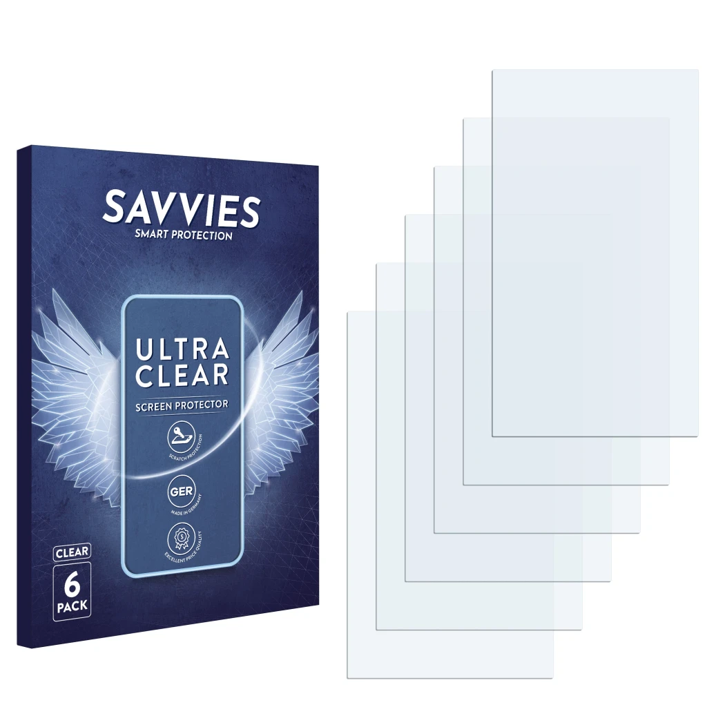 Parte frontale di una confezione del prodotto con il logo del marchio Savvies. Accanto si trova la protezione per lo schermo c