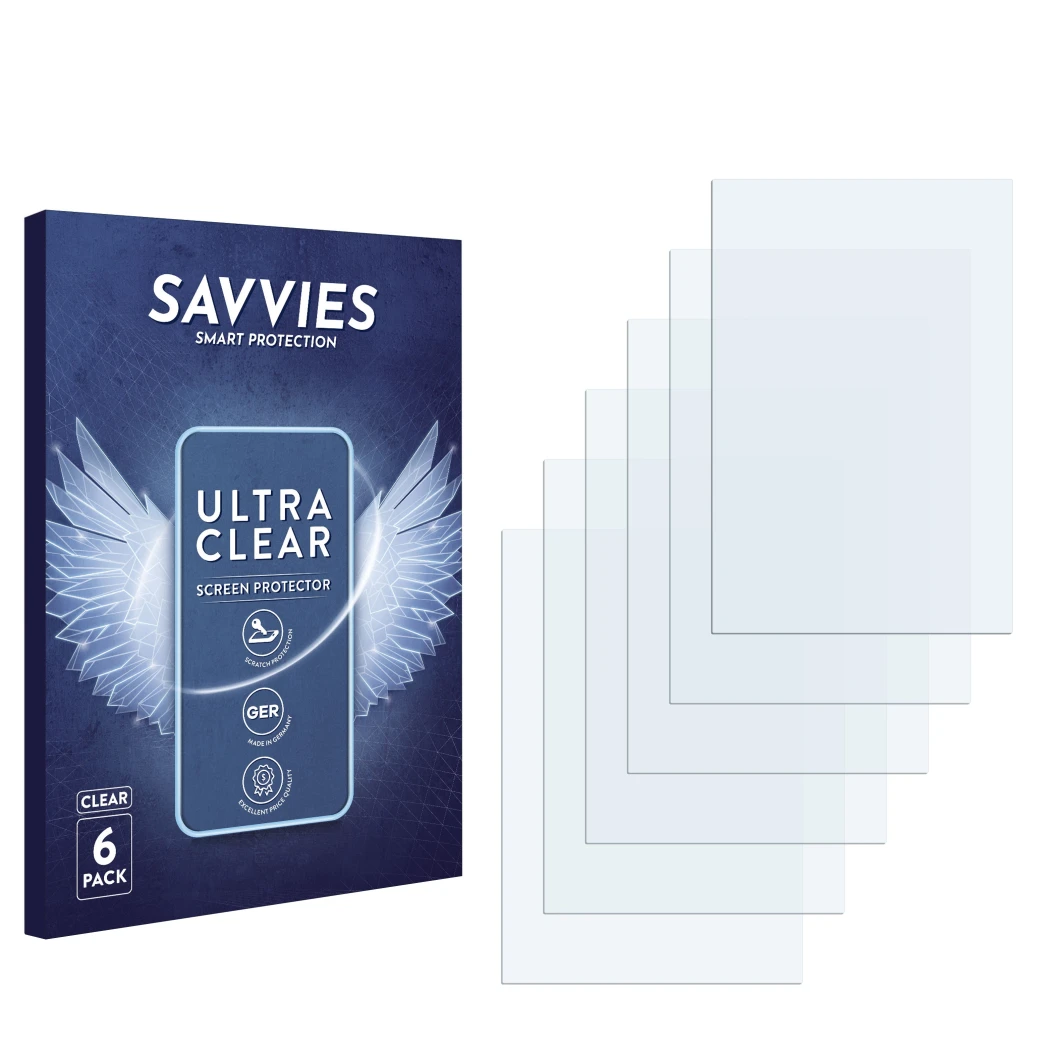 Parte frontale di una confezione del prodotto con il logo del marchio Savvies. Accanto si trova la protezione per lo schermo c