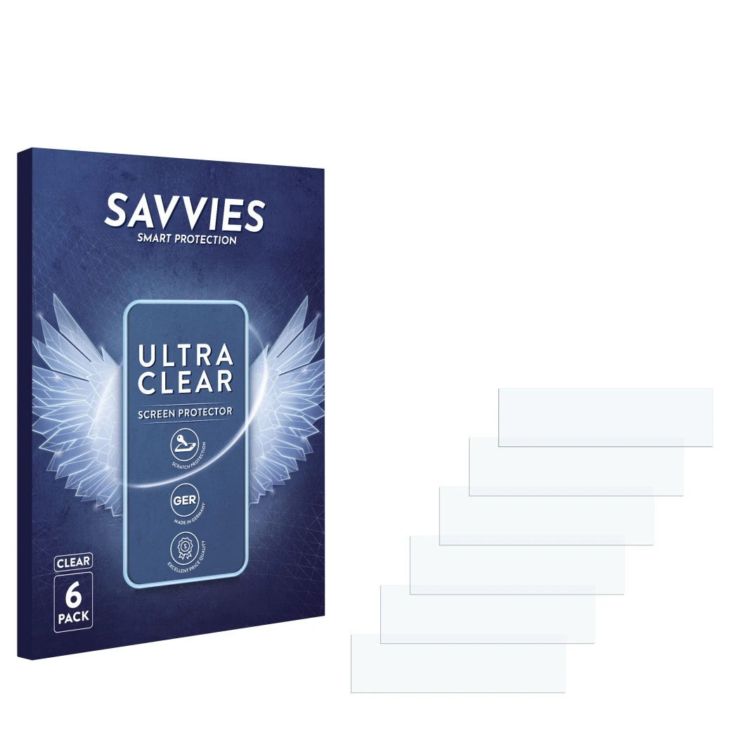 Parte frontale di una confezione del prodotto con il logo del marchio Savvies. Accanto si trova la protezione per lo schermo c