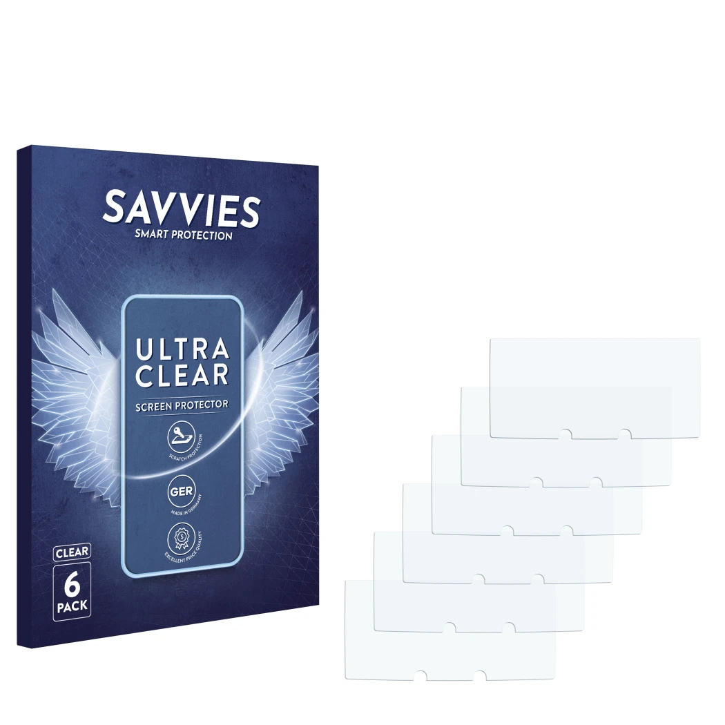 Parte frontale di una confezione del prodotto con il logo del marchio Savvies. Accanto si trova la protezione per lo schermo c