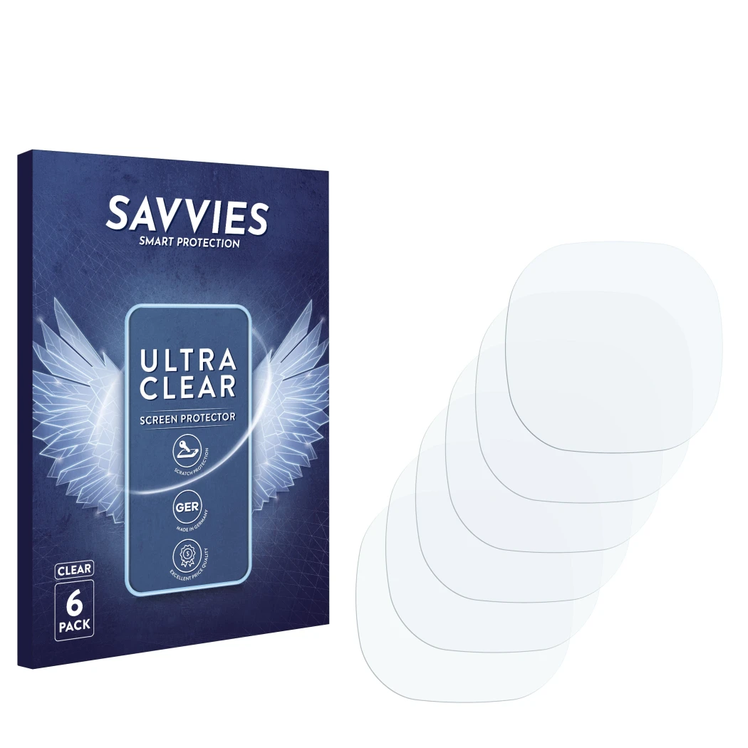 Parte frontale di una confezione del prodotto con il logo del marchio Savvies. Accanto si trova la protezione per lo schermo c