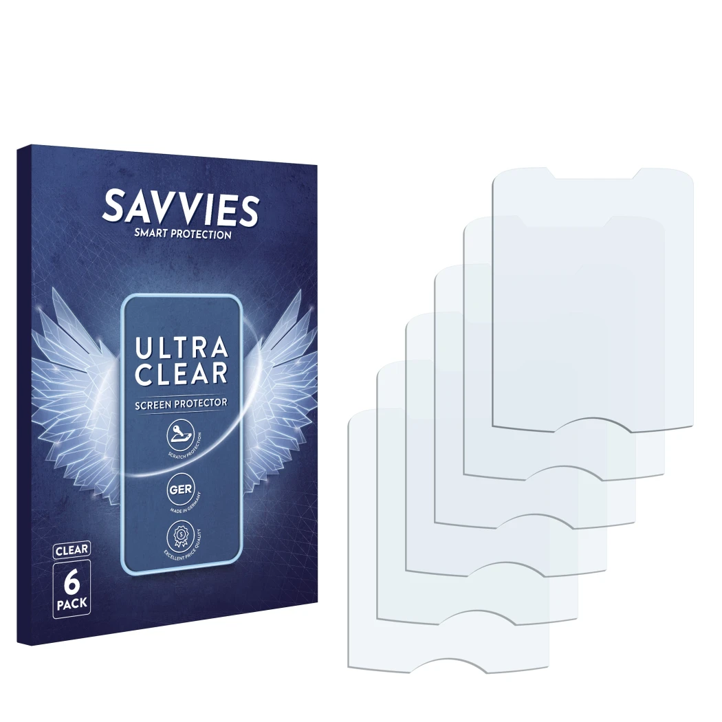 Parte frontale di una confezione del prodotto con il logo del marchio Savvies. Accanto si trova la protezione per lo schermo c