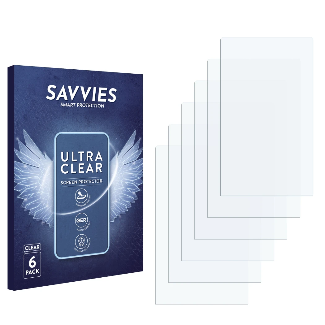 Parte frontale di una confezione del prodotto con il logo del marchio Savvies. Accanto si trova la protezione per lo schermo c
