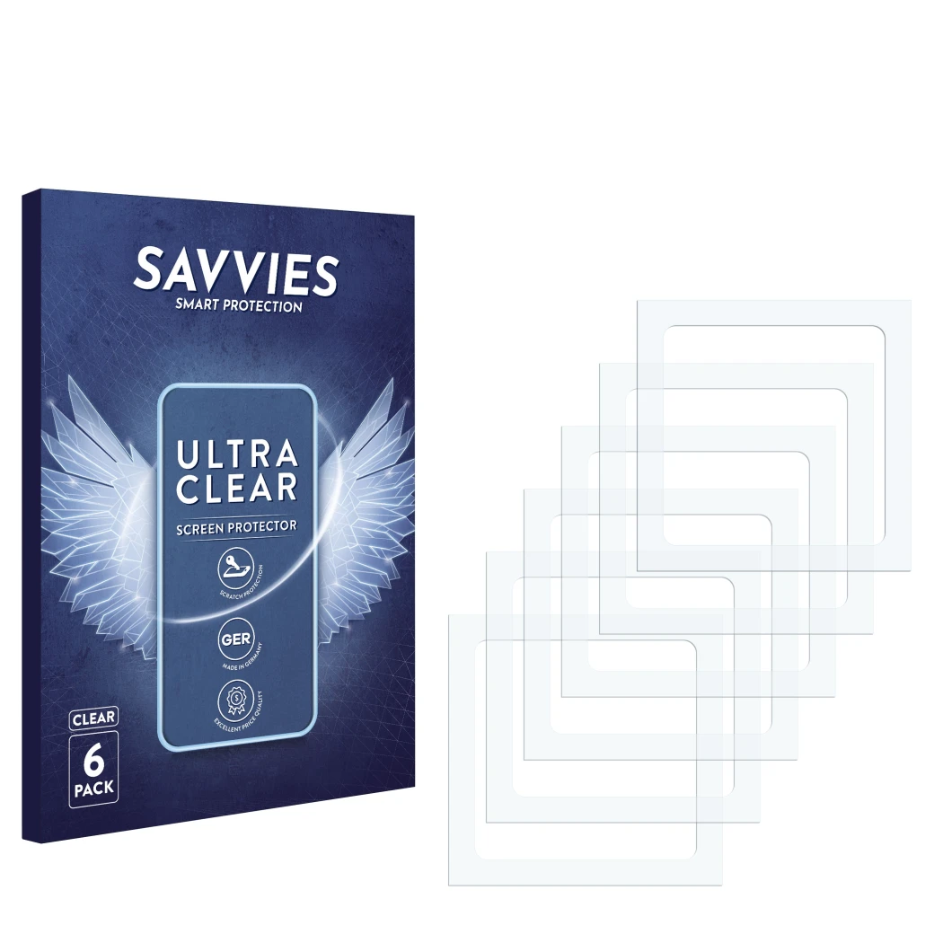 Parte frontale di una confezione del prodotto con il logo del marchio Savvies. Accanto si trova la protezione per lo schermo c