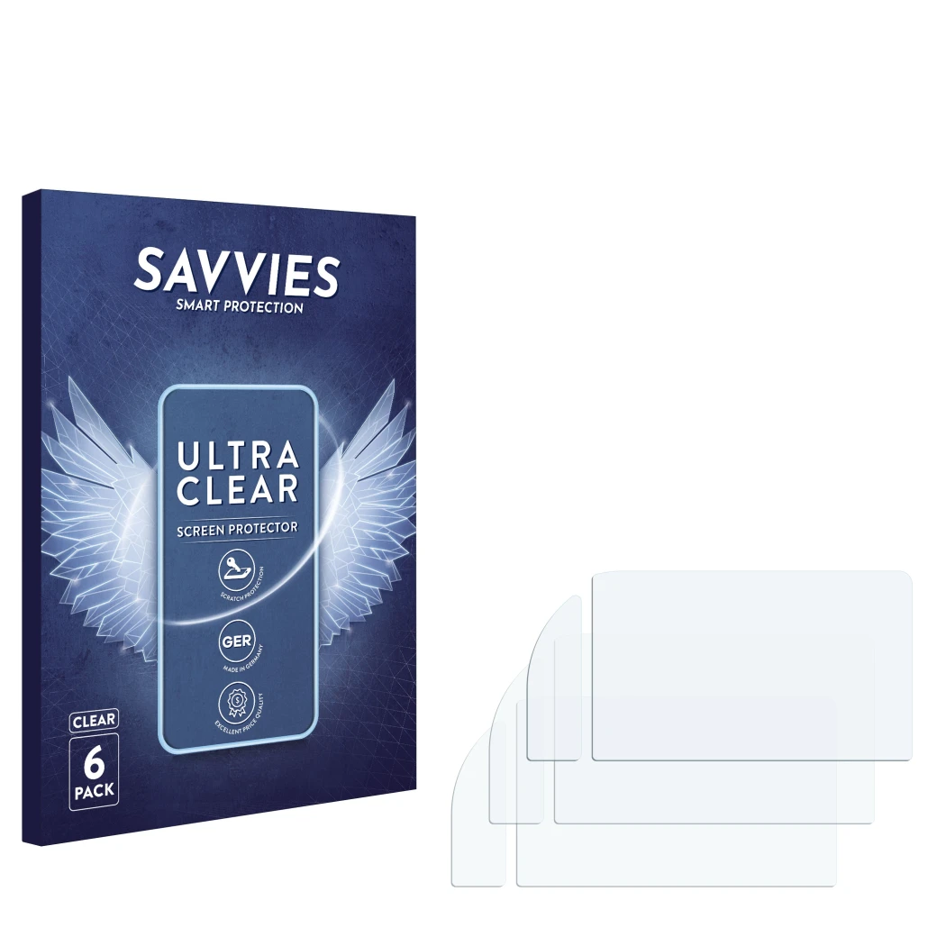 Parte frontale di una confezione del prodotto con il logo del marchio Savvies. Accanto si trova la protezione per lo schermo c