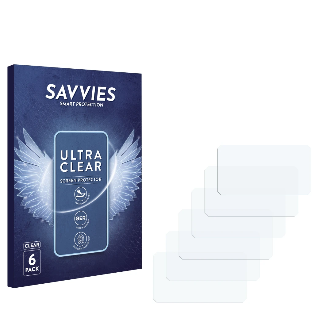 Parte frontale di una confezione del prodotto con il logo del marchio Savvies. Accanto si trova la protezione per lo schermo c