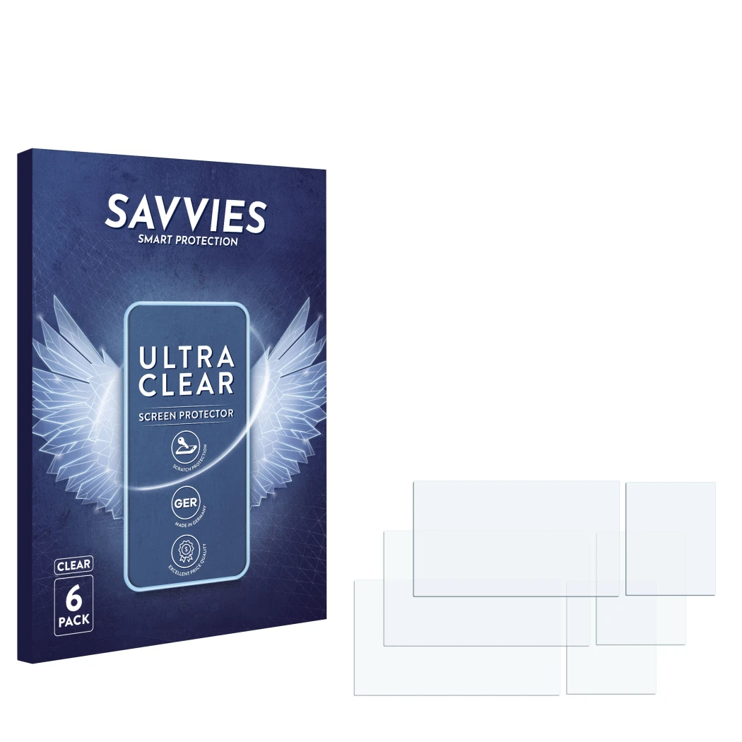Parte frontale di una confezione del prodotto con il logo del marchio Savvies. Accanto si trova la protezione per lo schermo c