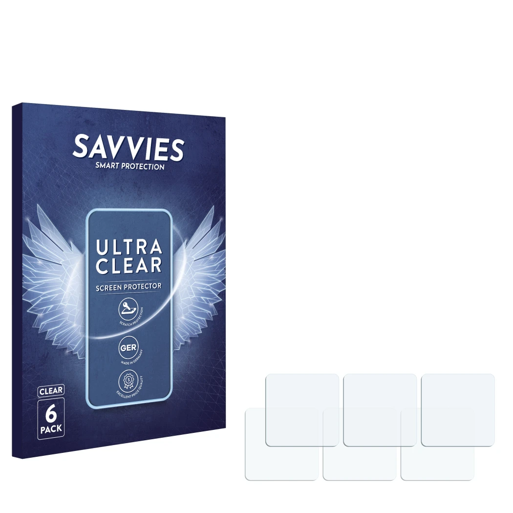 Parte frontale di una confezione del prodotto con il logo del marchio Savvies. Accanto si trova la protezione per lo schermo c