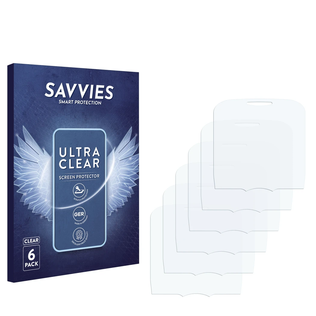 Parte frontale di una confezione del prodotto con il logo del marchio Savvies. Accanto si trova la protezione per lo schermo c