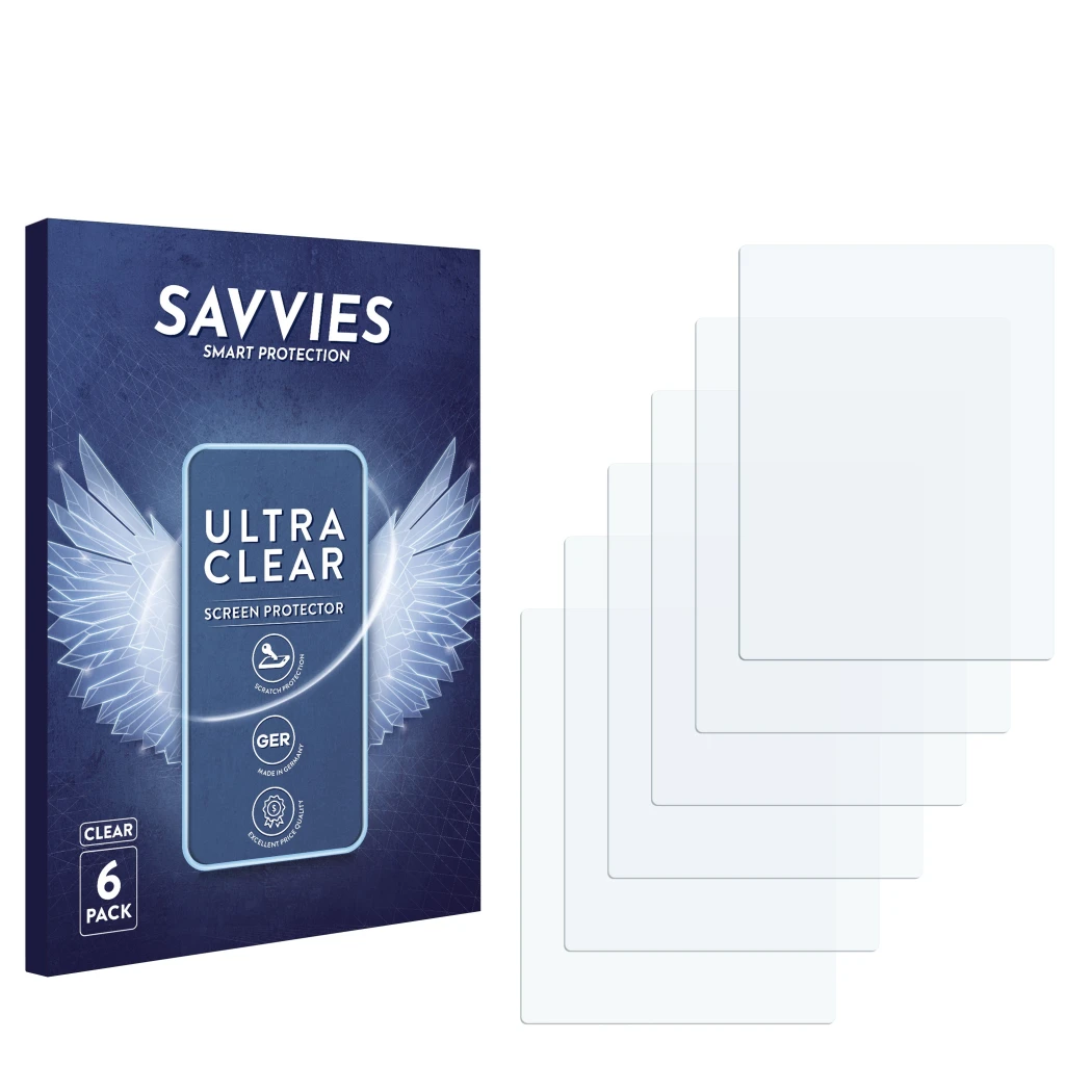 Parte frontale di una confezione del prodotto con il logo del marchio Savvies. Accanto si trova la protezione per lo schermo c