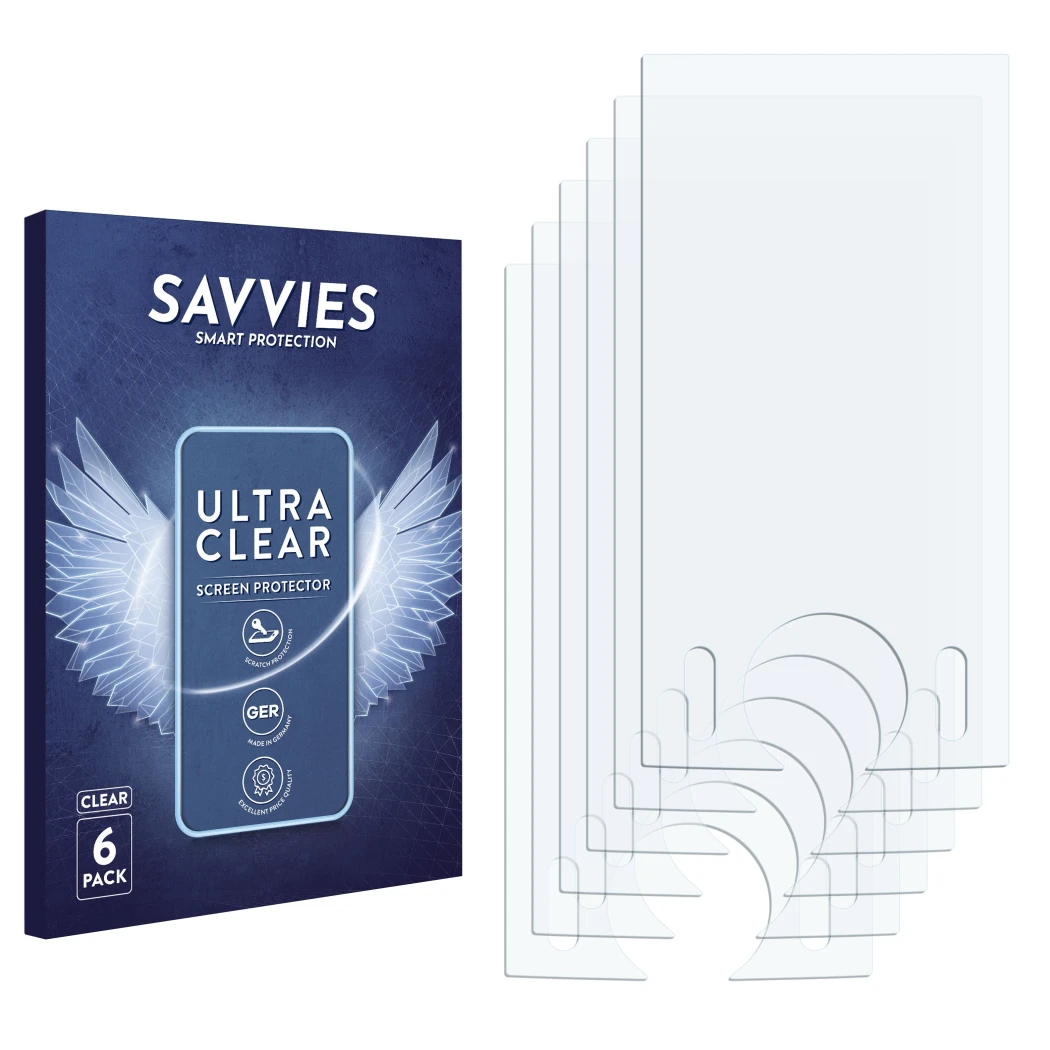 Parte frontale di una confezione del prodotto con il logo del marchio Savvies. Accanto si trova la protezione per lo schermo c