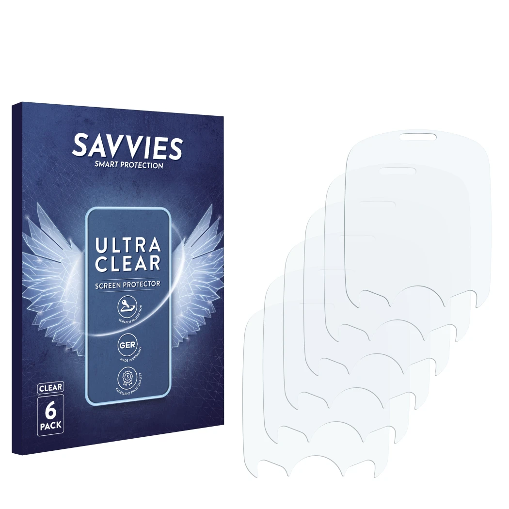 Parte frontale di una confezione del prodotto con il logo del marchio Savvies. Accanto si trova la protezione per lo schermo c