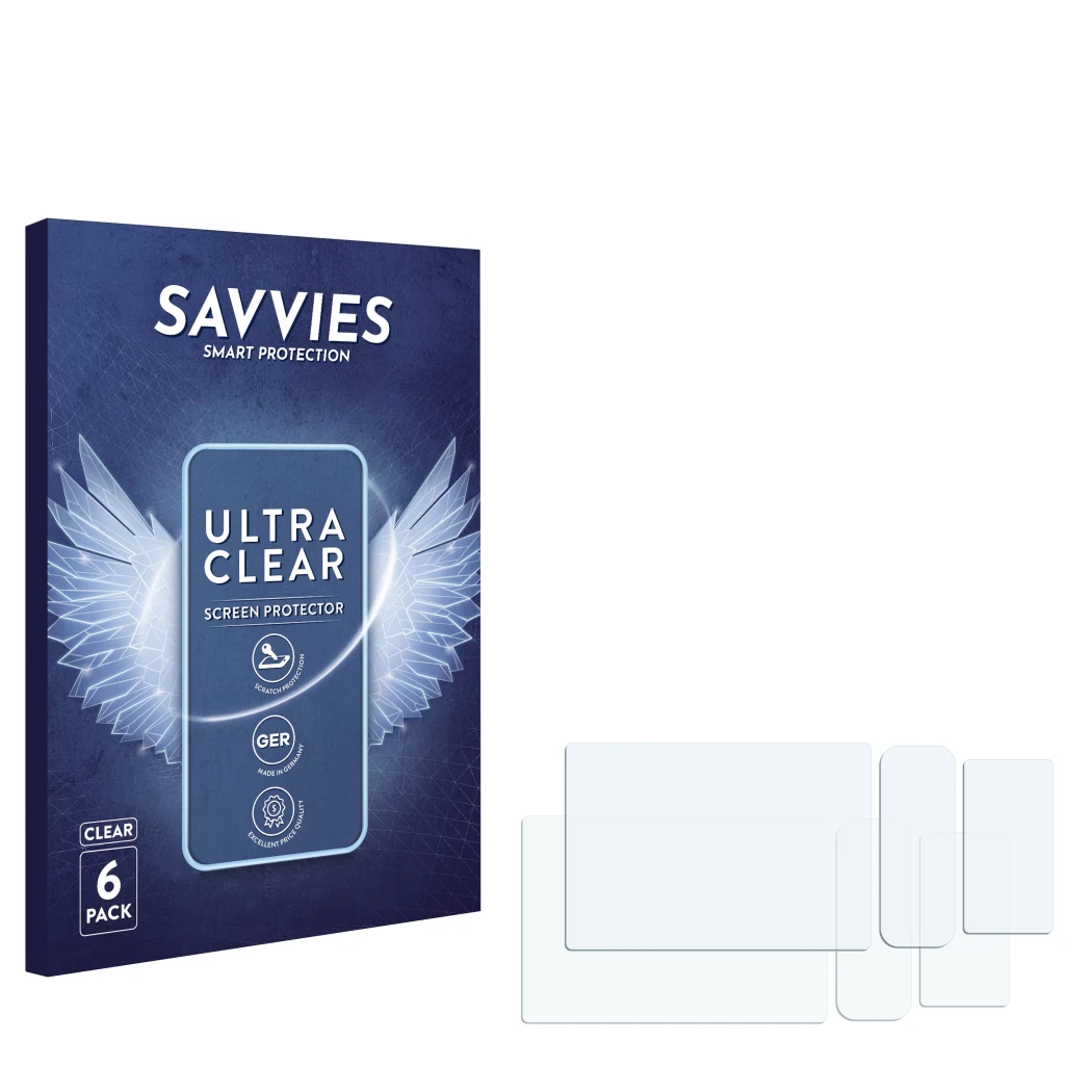Parte frontale di una confezione del prodotto con il logo del marchio Savvies. Accanto si trova la protezione per lo schermo c