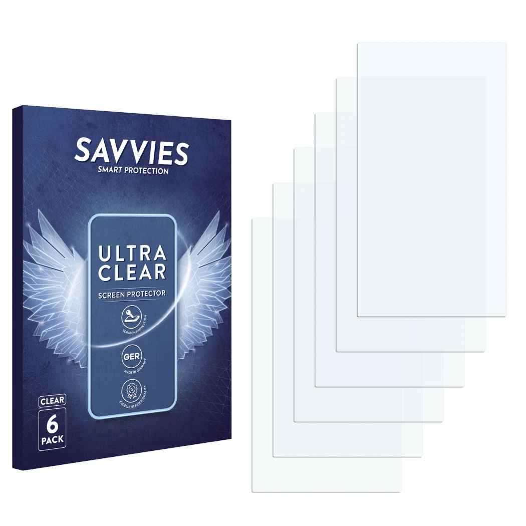 Parte frontale di una confezione del prodotto con il logo del marchio Savvies. Accanto si trova la protezione per lo schermo c
