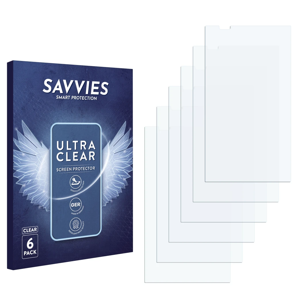 Parte frontale di una confezione del prodotto con il logo del marchio Savvies. Accanto si trova la protezione per lo schermo c