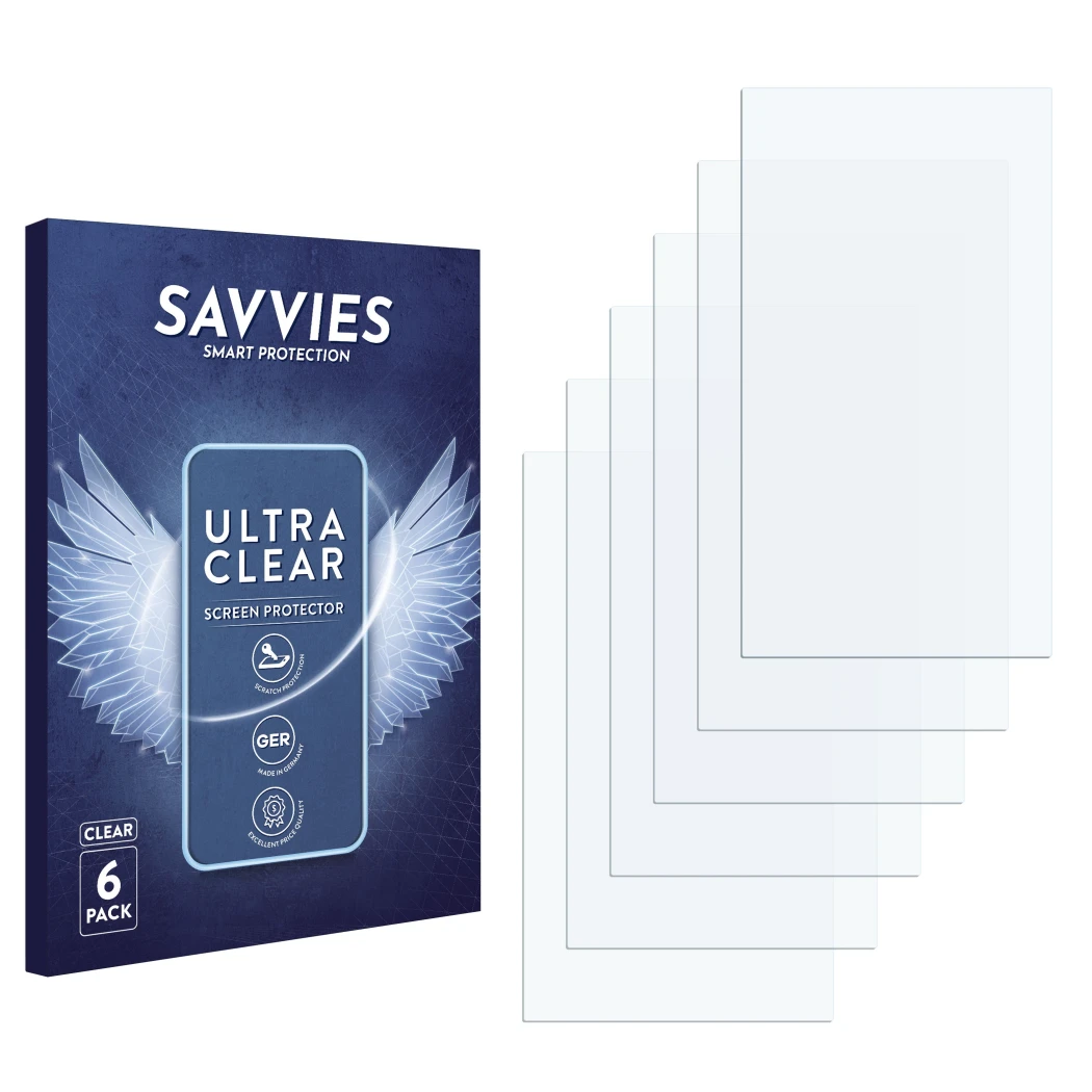 Parte frontale di una confezione del prodotto con il logo del marchio Savvies. Accanto si trova la protezione per lo schermo c