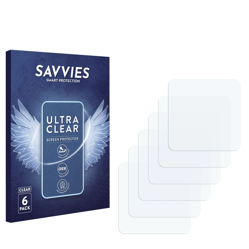 Parte frontale di una confezione del prodotto con il logo del marchio Savvies. Accanto si trova la protezione per lo schermo c
