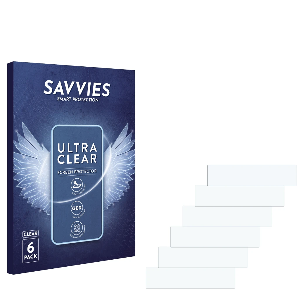 Parte frontale di una confezione del prodotto con il logo del marchio Savvies. Accanto si trova la protezione per lo schermo c