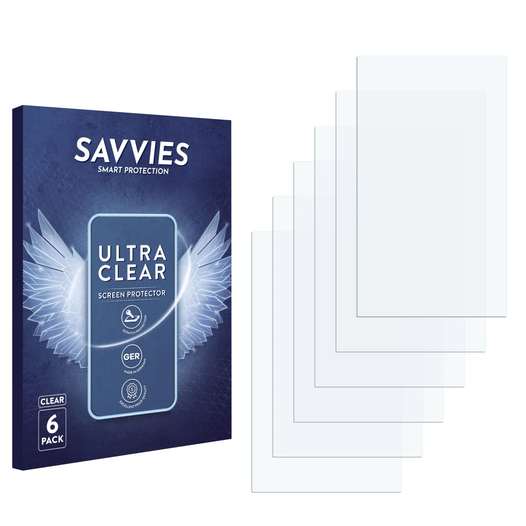 Parte frontale di una confezione del prodotto con il logo del marchio Savvies. Accanto si trova la protezione per lo schermo c