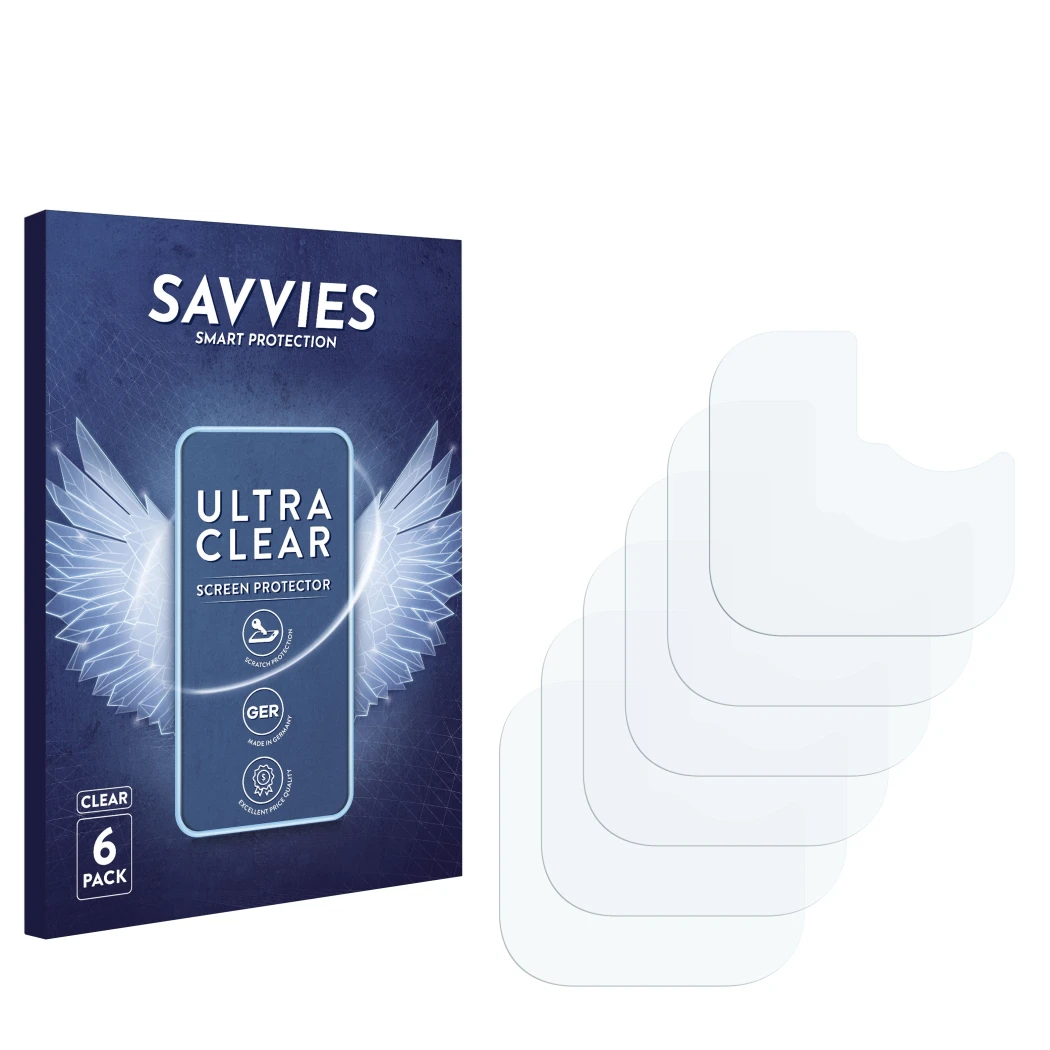 Parte frontale di una confezione del prodotto con il logo del marchio Savvies. Accanto si trova la protezione per lo schermo c
