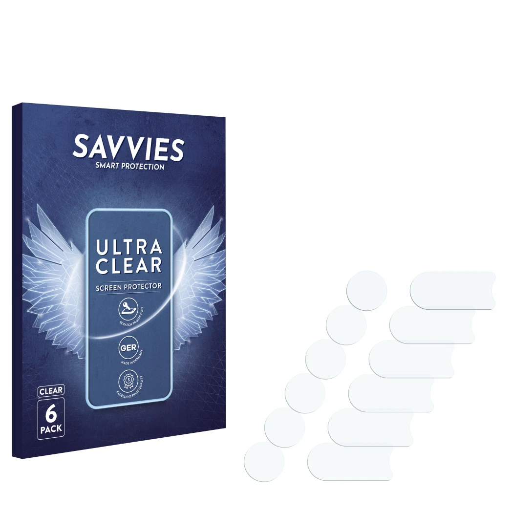 Parte frontale di una confezione del prodotto con il logo del marchio Savvies. Accanto si trova la protezione per lo schermo c