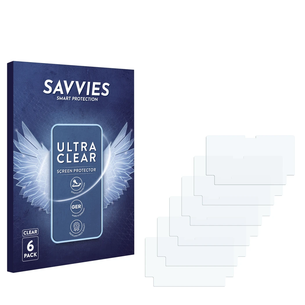 Parte frontale di una confezione del prodotto con il logo del marchio Savvies. Accanto si trova la protezione per lo schermo c