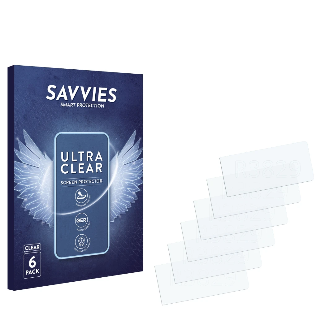 Parte frontale di una confezione del prodotto con il logo del marchio Savvies. Accanto si trova la protezione per lo schermo c