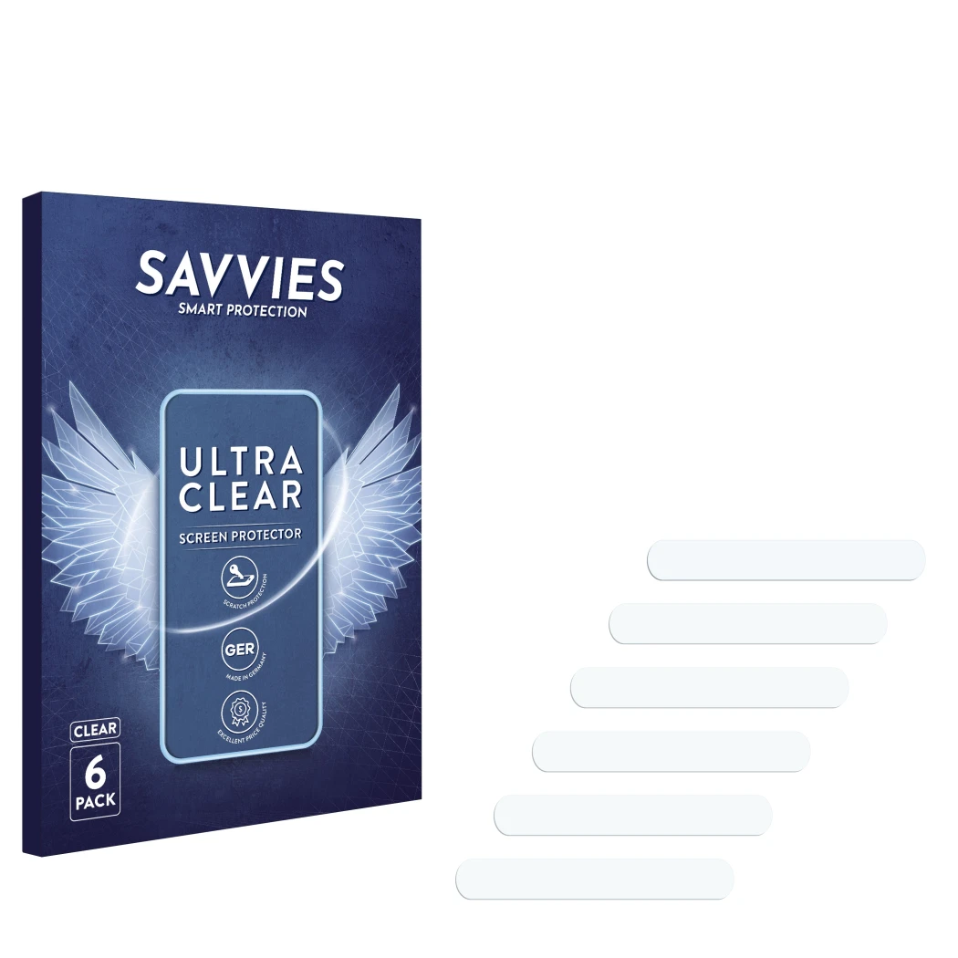 Parte frontale di una confezione del prodotto con il logo del marchio Savvies. Accanto si trova la protezione per lo schermo c