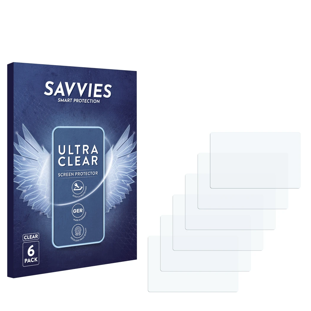 Parte frontale di una confezione del prodotto con il logo del marchio Savvies. Accanto si trova la protezione per lo schermo c