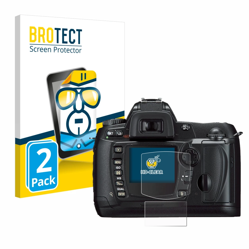 Parte frontale di una confezione del prodotto con il logo del marchio BROTECT. Accanto è raffigurato il dispositivo Nikon D70