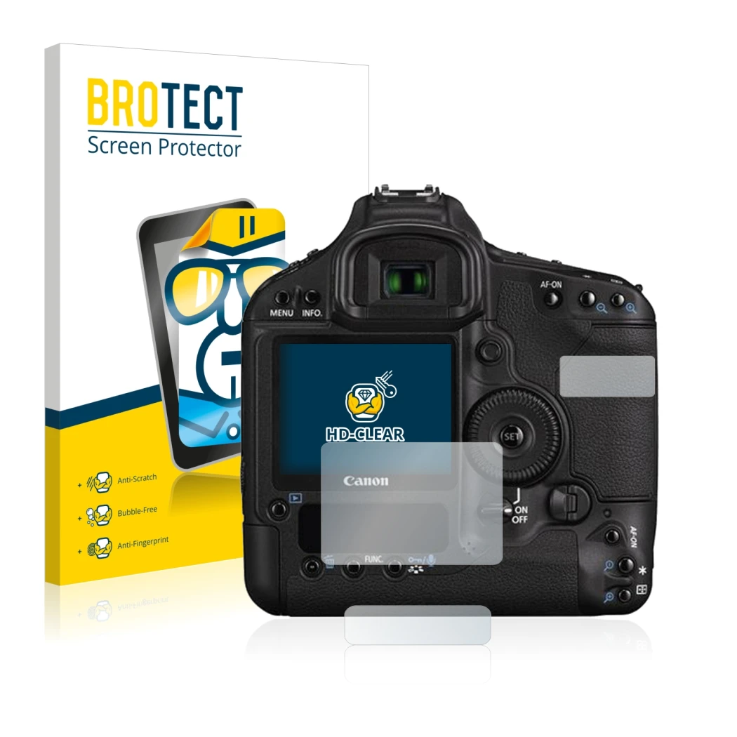 Parte frontale di una confezione del prodotto con il logo del marchio BROTECT. Accanto è raffigurato il dispositivo Canon EOS