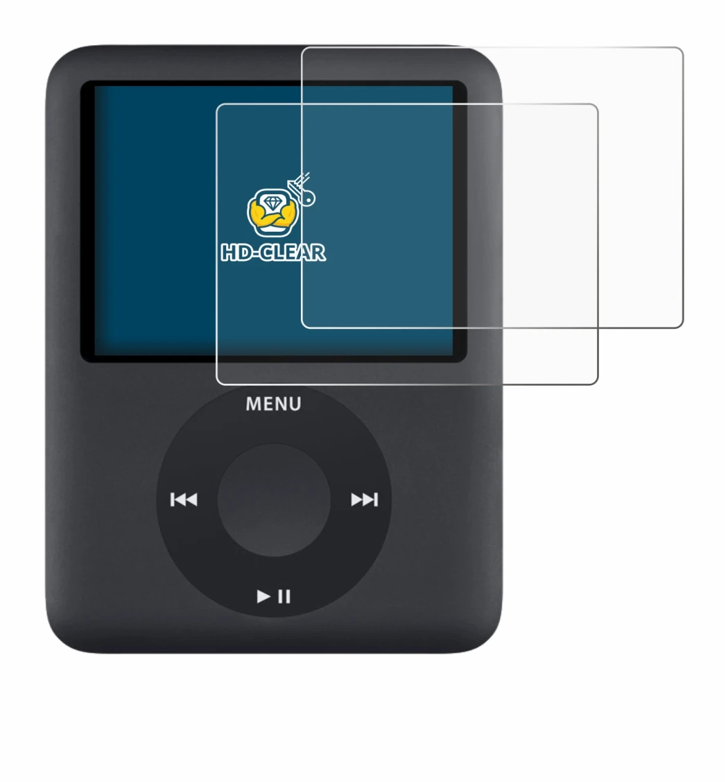 Immagine del dispositivo Apple iPod nano (3a Gen.) con un'ampia varietà di protezioni per lo schermo.