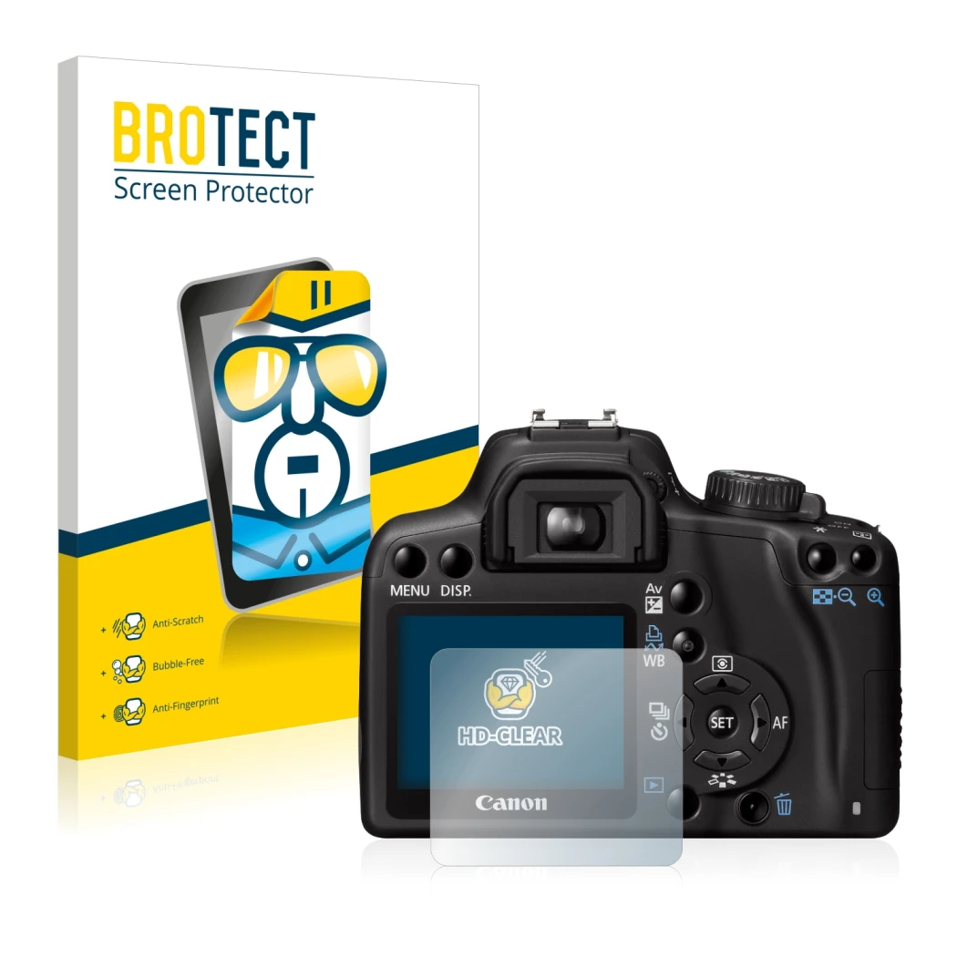 Parte frontale di una confezione del prodotto con il logo del marchio BROTECT. Accanto è raffigurato il dispositivo Canon EOS 