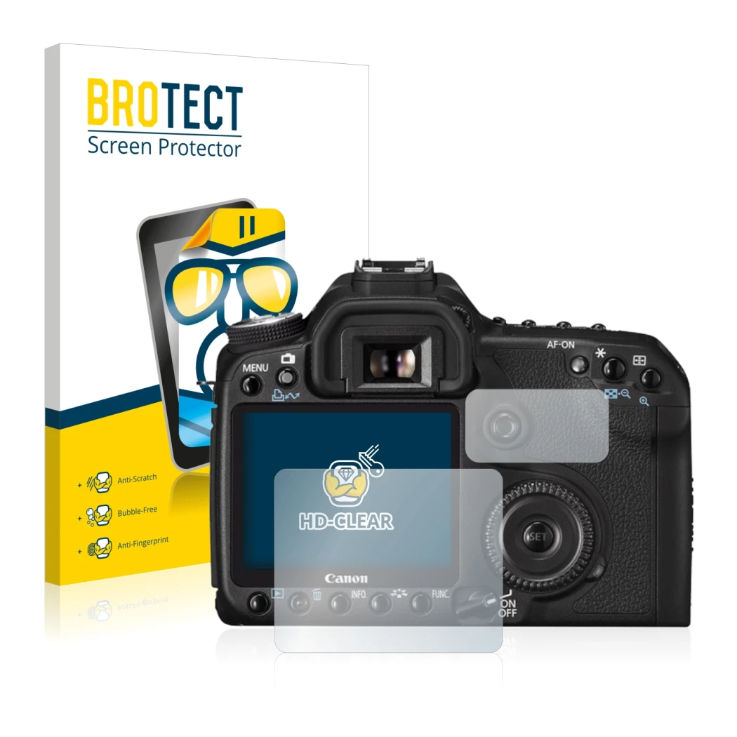 Parte frontale di una confezione del prodotto con il logo del marchio BROTECT. Accanto è raffigurato il dispositivo Canon EOS 