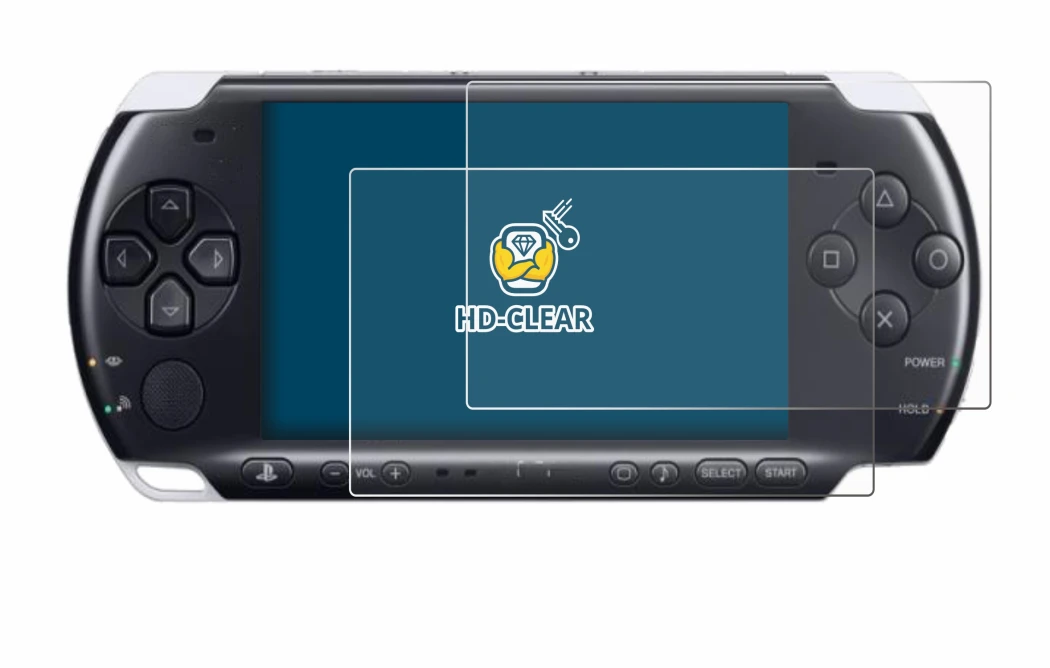 Immagine del dispositivo Sony PSP 3000 con un'ampia varietà di protezioni per lo schermo.