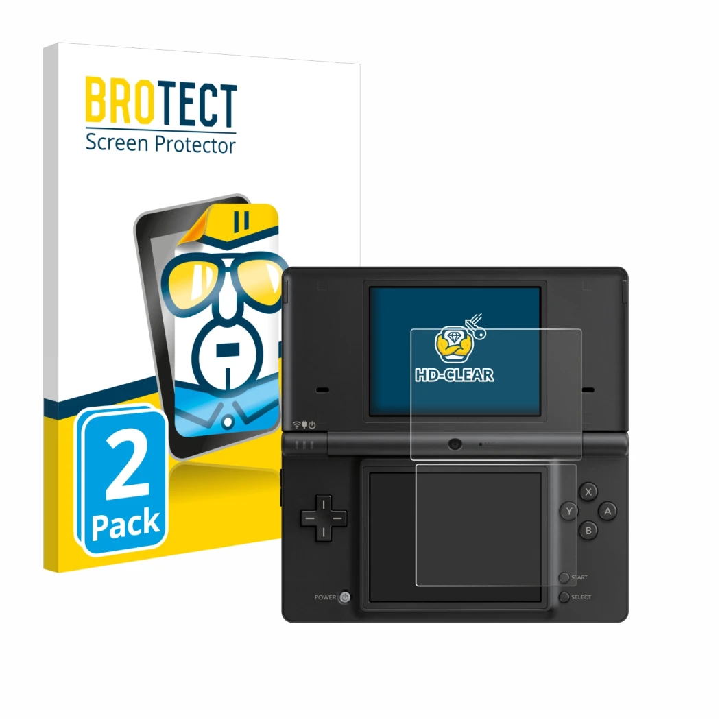Parte frontale di una confezione del prodotto con il logo del marchio BROTECT. Accanto è raffigurato il dispositivo Nintendo D