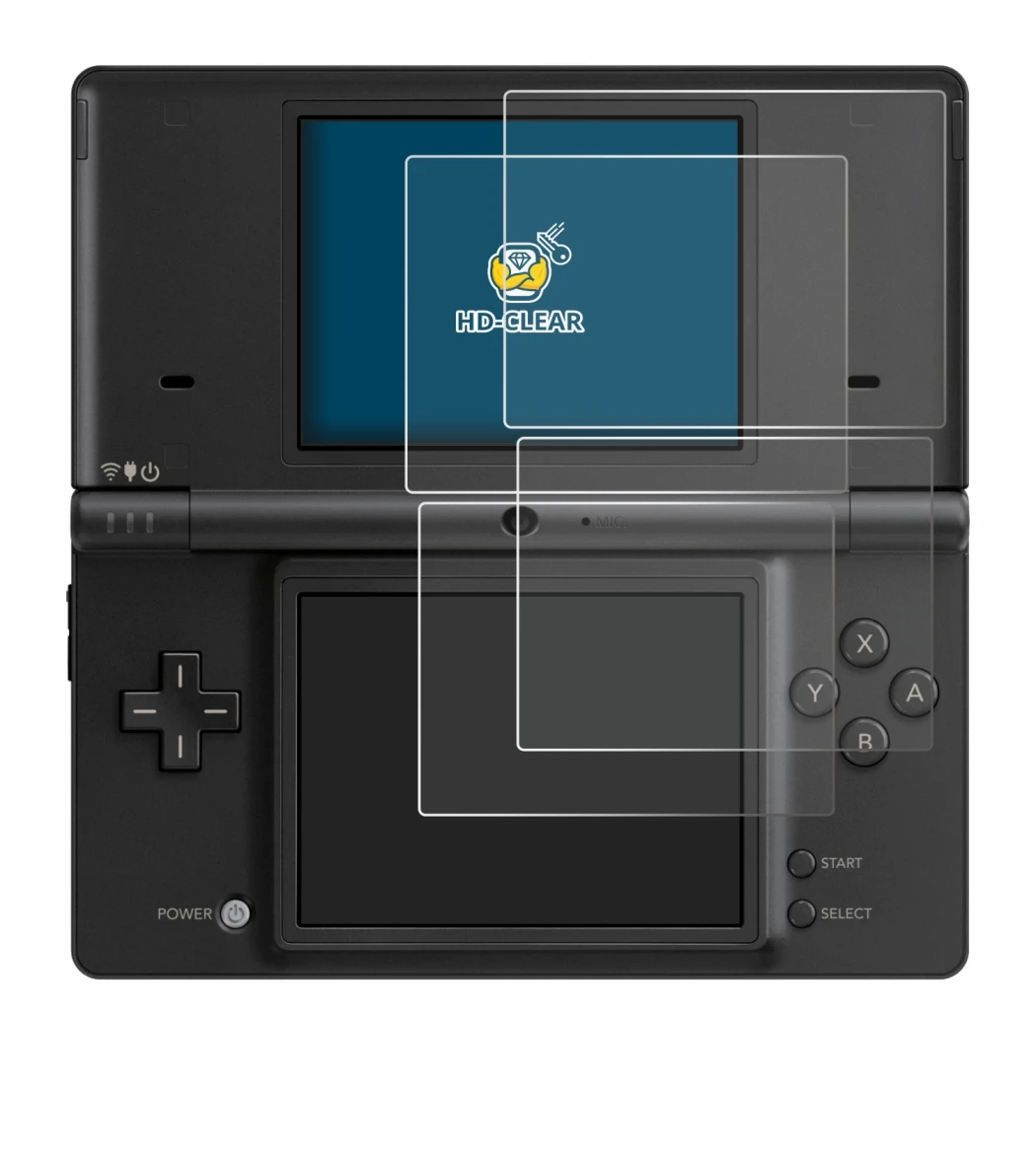 Immagine del dispositivo Nintendo DSi con un'ampia varietà di protezioni per lo schermo.