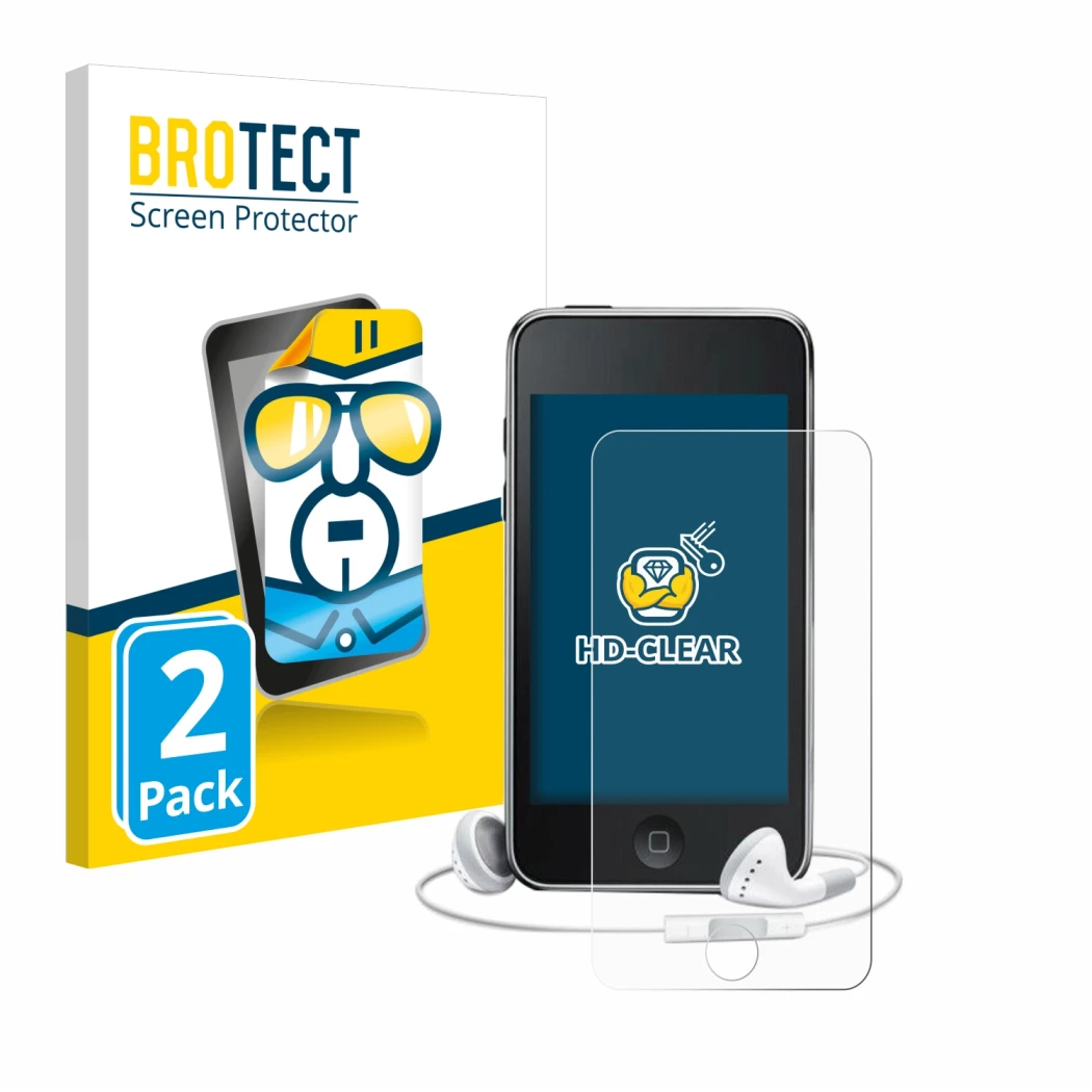 Parte frontale di una confezione del prodotto con il logo del marchio BROTECT. Accanto è raffigurato il dispositivo Apple iPod