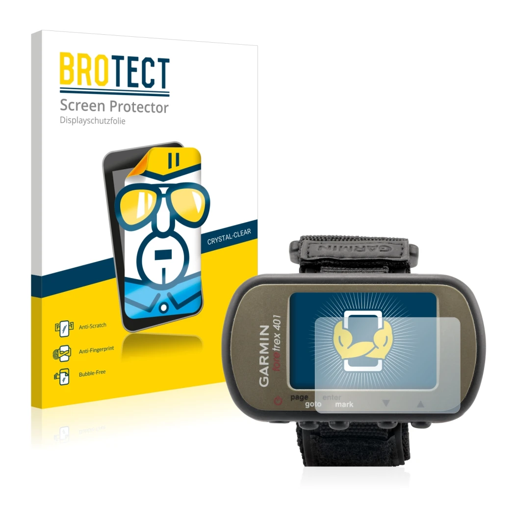 Parte frontale di una confezione del prodotto con il logo del marchio BROTECT. Accanto è raffigurato il dispositivo Garmin For