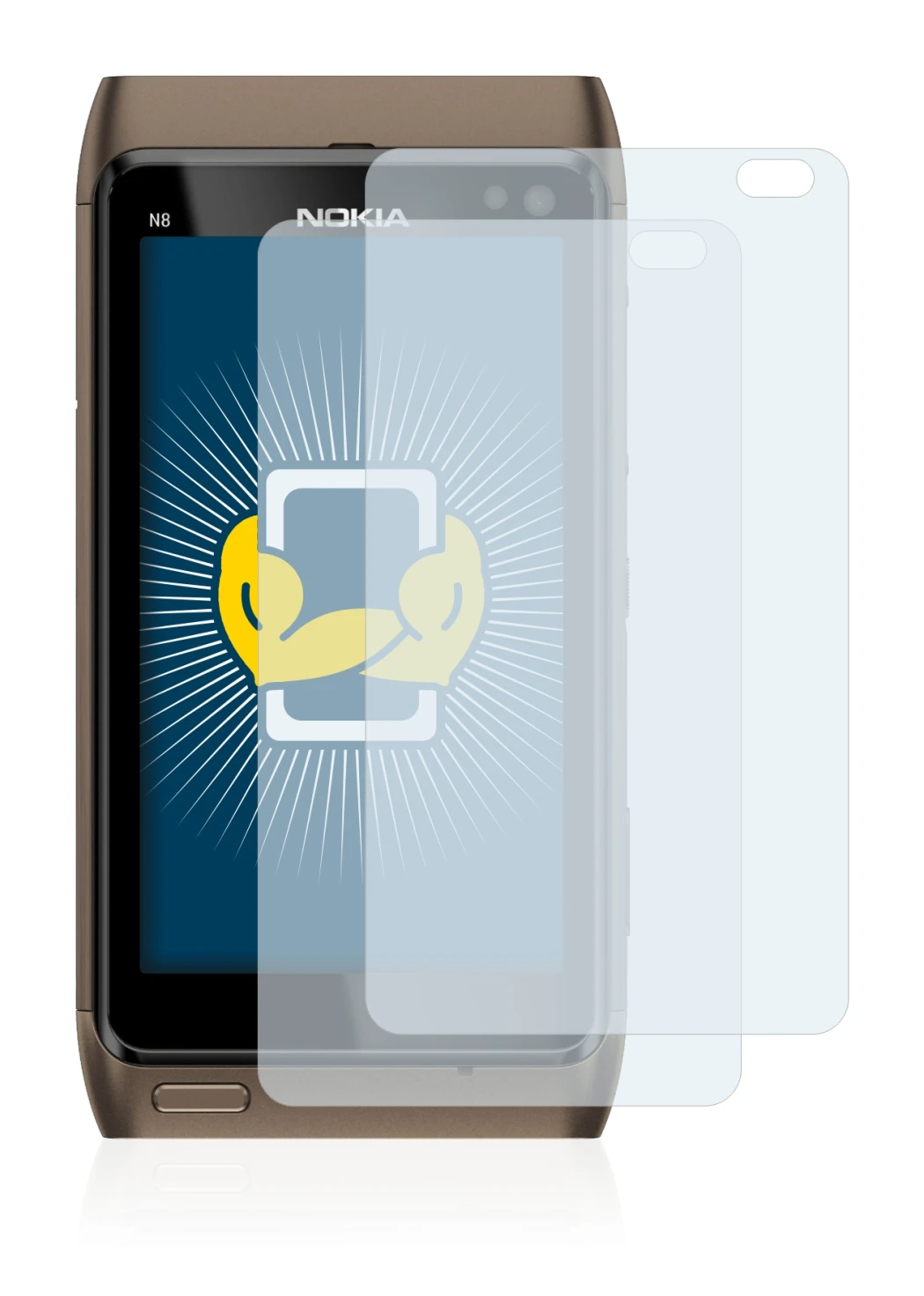 Immagine del dispositivo Nokia n8 con un'ampia varietà di protezioni per lo schermo.